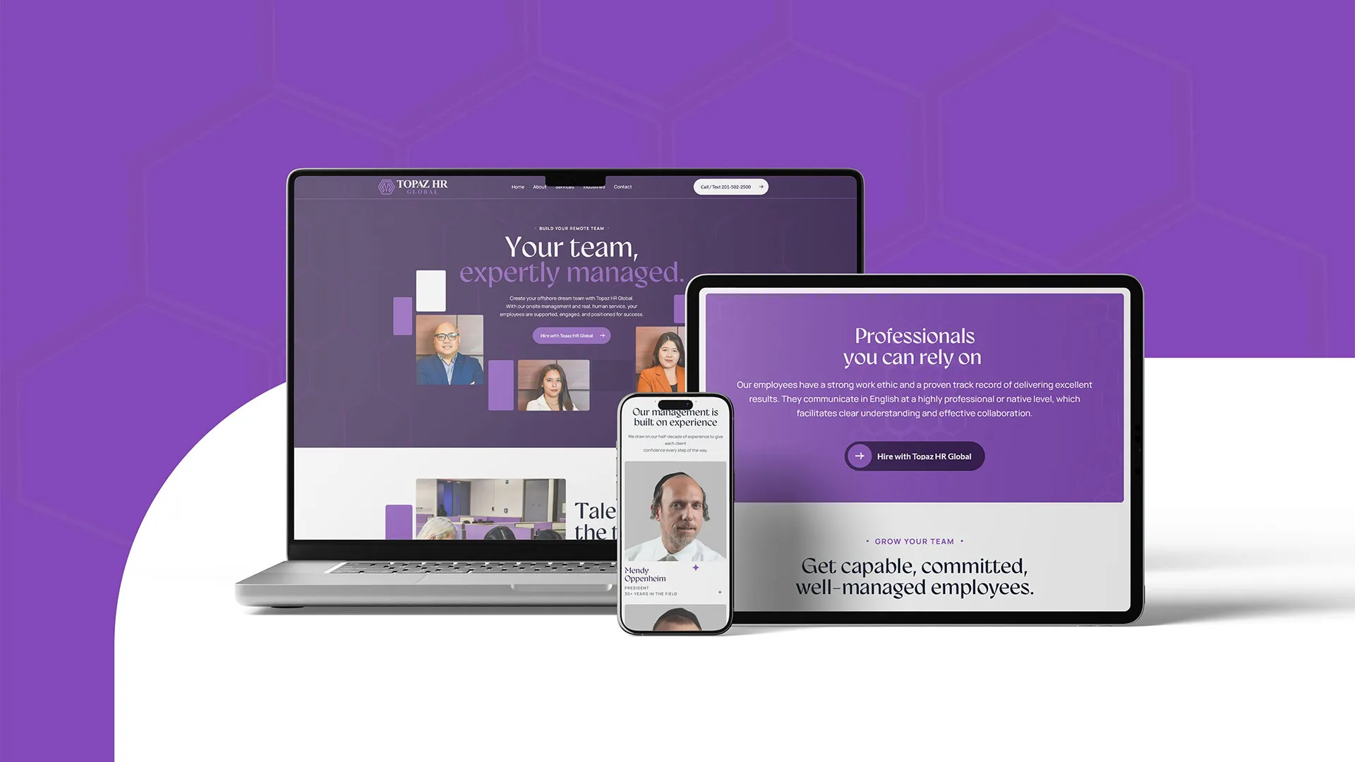 A website mockup shown on desktop, tablet and phone.