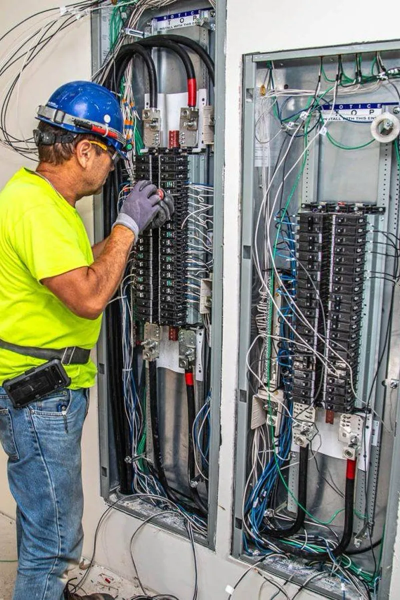 An electrician landing branch circuits in a commercial panelboard on a job site.