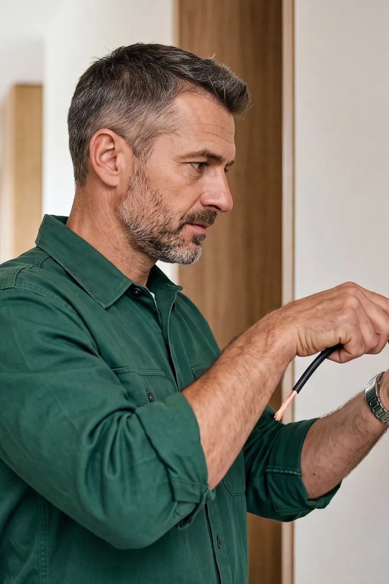 An electrician wiring a ceiling fitting inside a home.