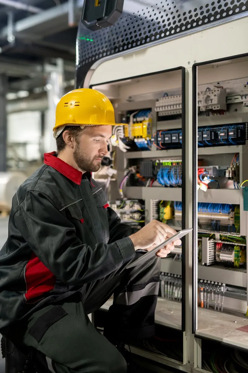 A maintenance engineer checking a bank of electrical control panels.