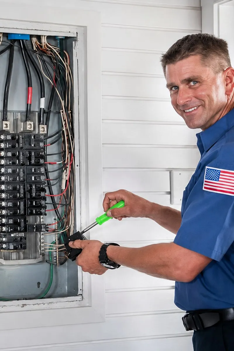 An electrician working in an open residential load centre on a house exterior.