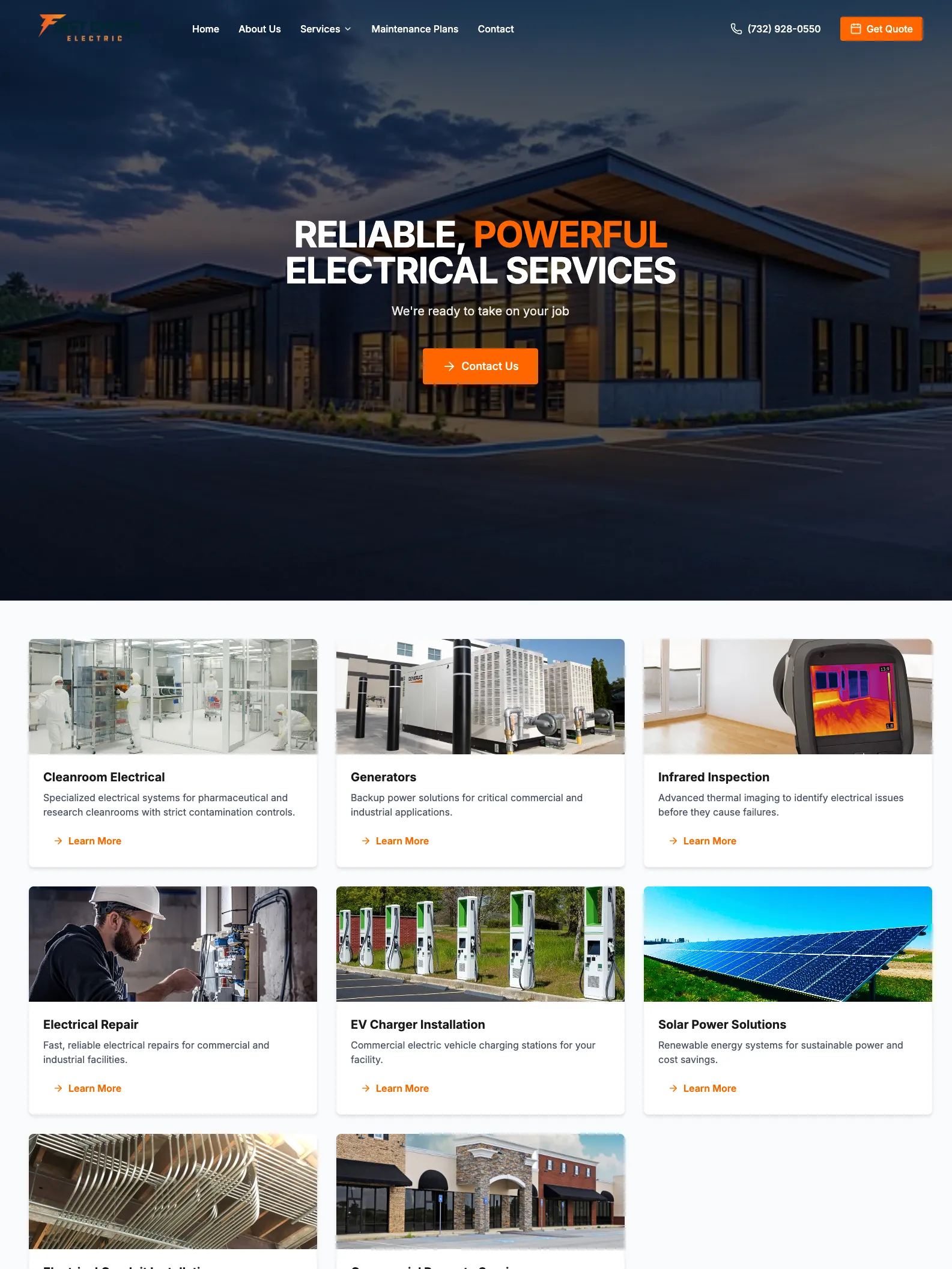 A contractor homepage: a dark hero over a lit commercial building, with cleanroom, generator and infrared inspection service cards below it.