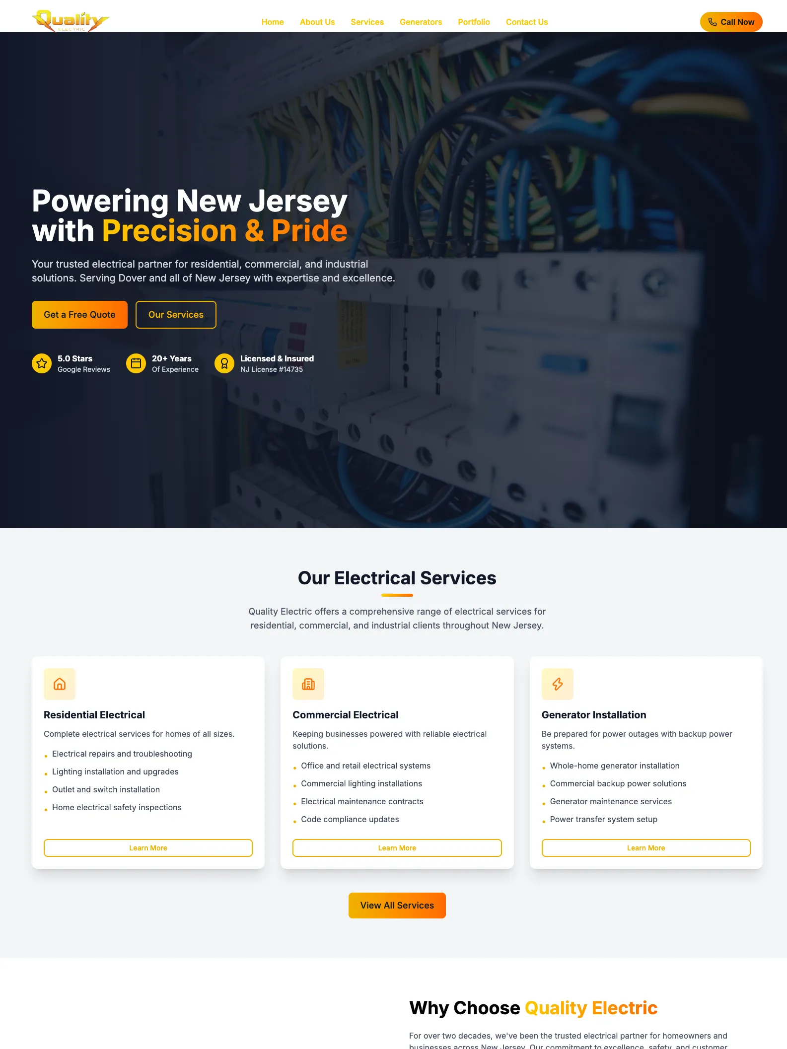 A contractor homepage: a dark hero over a switchgear photo carrying review, experience and licence badges, above residential, commercial and generator service cards.