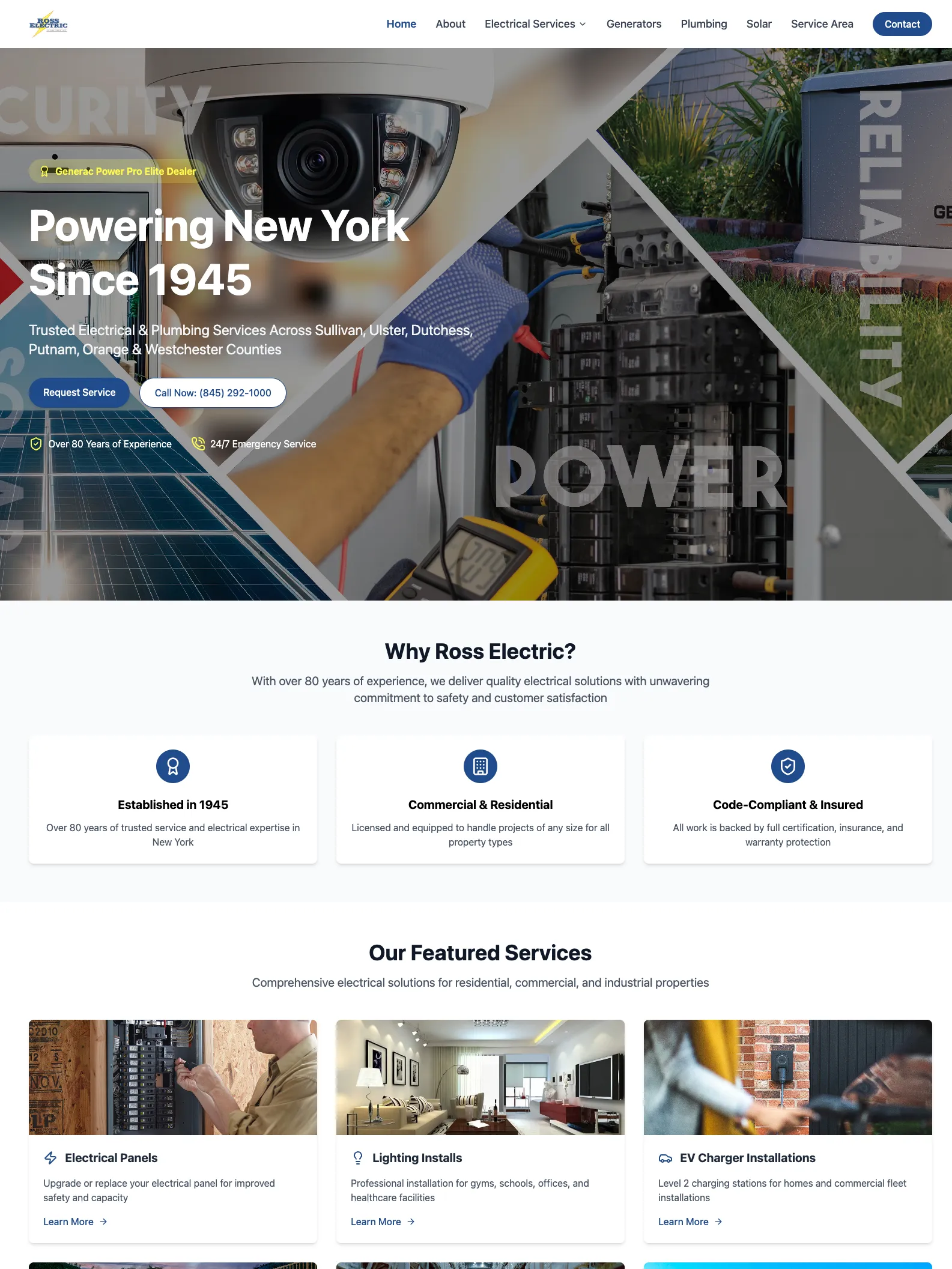 A contractor homepage: a diagonal photo split across security, power and reliability, over a service grid covering panels, lighting and EV chargers.